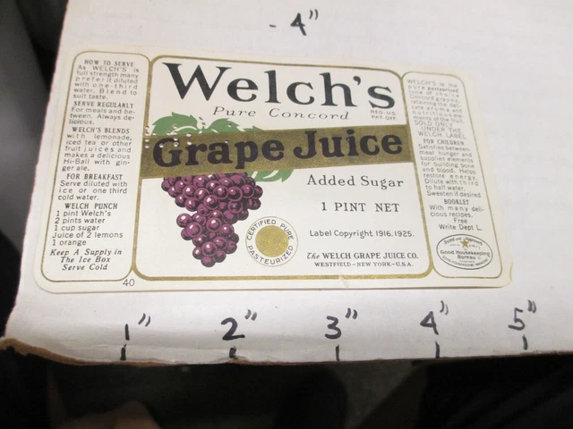 WELCH'S grape juice fruit 1925 glass bottle food paper label 1 pint