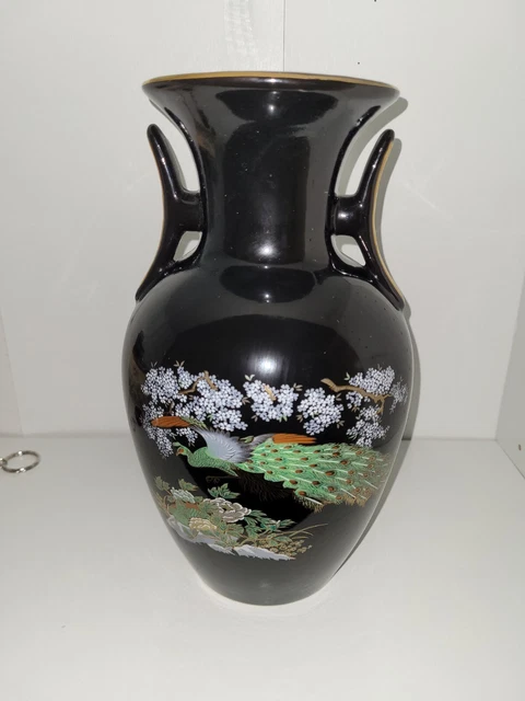 Vintage Porcelain Double Handled Asian Style Vase with Peacock Design