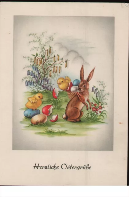 AK Ostern Glückwunsch, Künstler, Hase Korb Ostereier Küken, Normalformat