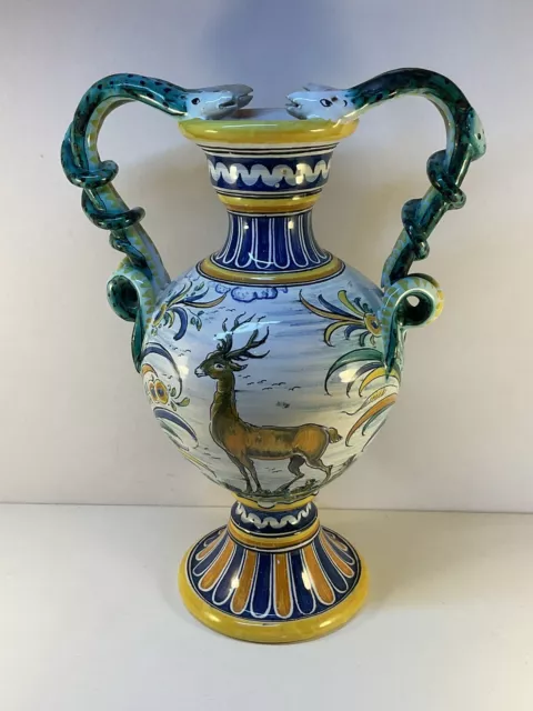 Grand Vase Italien En Céramique Émaillée, Anses Serpents , Deruta