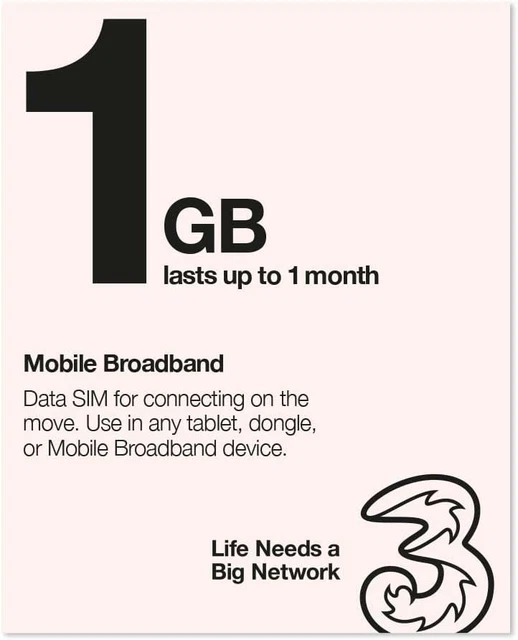 Three Mobile Pay As You Go Mobile Broadband 1 GB data SIM