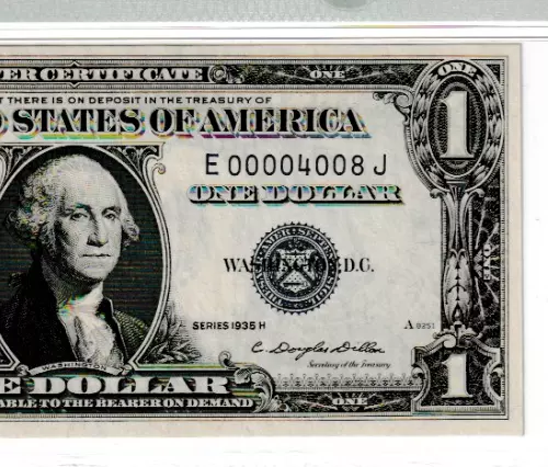 $1 1935H  SILVER CERTIFICATE Lowest Serial Numbers Documented # E 00004008 J PMG