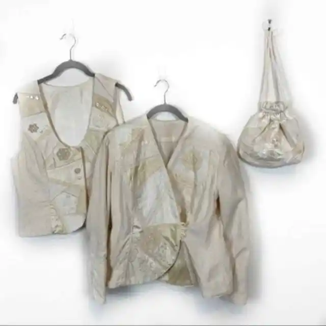 Jacket Vest Drawstring Purse Angel Fairycore Cream Quilted Patchwork Womens