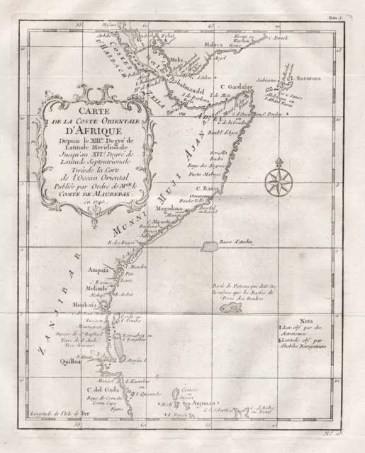 Somalia Mombasa Kenia Afrika Africa Afrique carte map Karte Bellin 1740