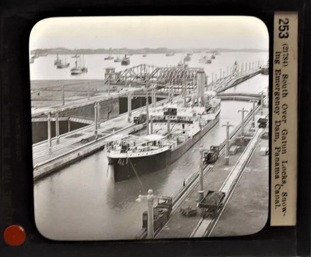 11-253  Magic Lantern Glass Slide Photo Locks Panama Canal South America