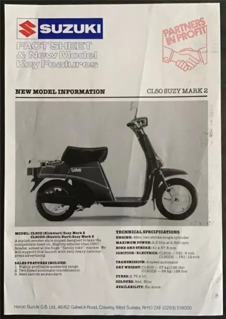 SUZUKICL50 SUZY MARK 2 MOTORCYCLE Sales Specification Leaflet UNDATED