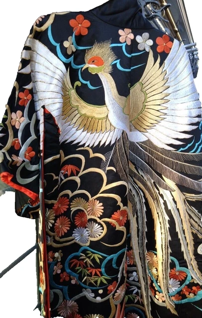 Giapponese Kimono Seta Uchikake Vintage Splendido Matrimonio Oro Phoenix Ricamo