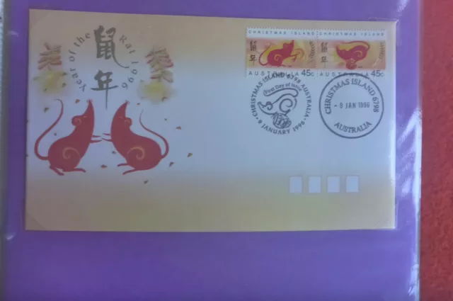 Christmas Island 1996 Year Of The Rat Fdc  Date Stamp & Nat Fdi Postmark