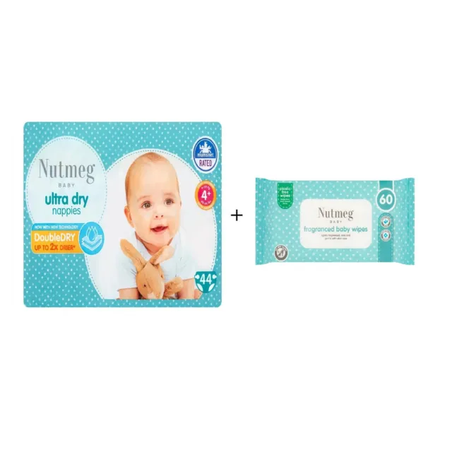 Nutmeg Size 4+ Nappies 44 Pack + Fragranced Wipes 60 Pack