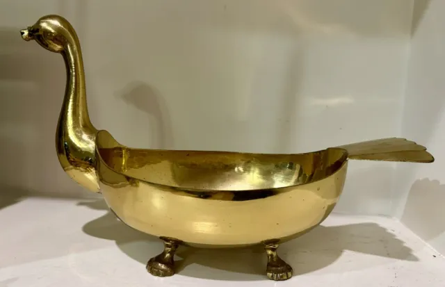 Vintage Solid Brass Duck Bowl Planter Footed Abstract Art MCM 15" x 6" x 8"