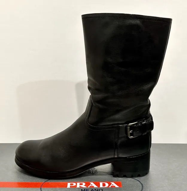 PRADA Women’s Black Leaker Mid-Calf Moto Ankle Boots Buckle 38.5