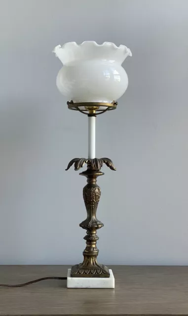 Hollywood Regency Brass Lamp Porcelain Insulator GWTW Ruffle Shade Marble VTG