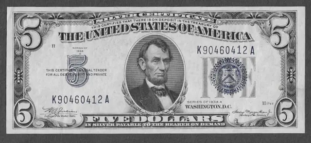 FR. 1651 Five Dollars ($5) Series of 1934A Blue Seal Silver Certificate