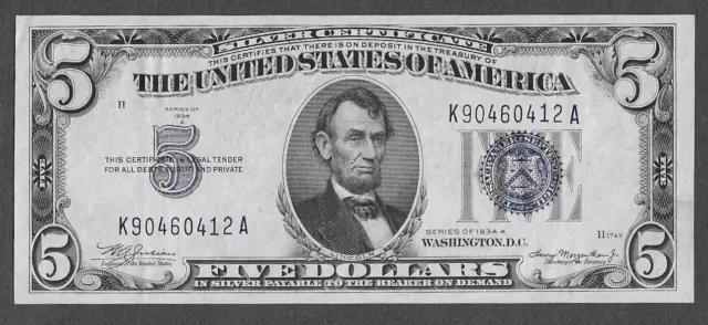 FR. 1651 Five Dollars ($5) Series of 1934A Blue Seal Silver Certificate