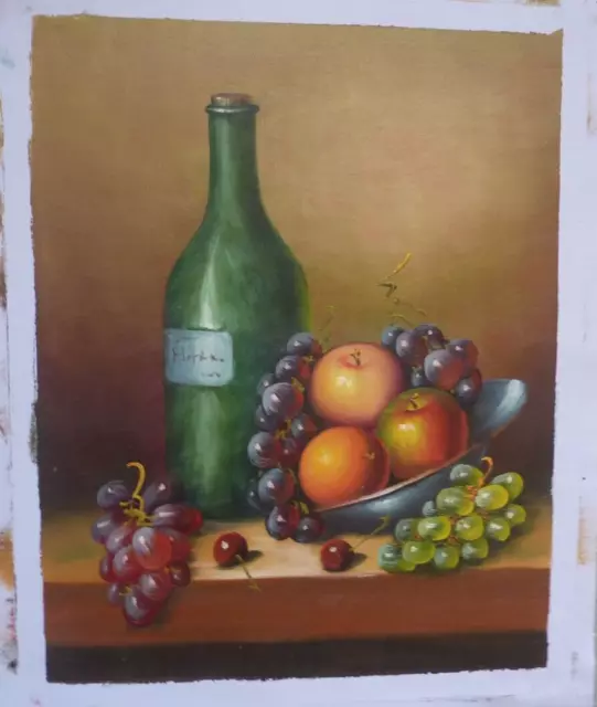 Lovely wine and fruit oil painting using thick multi colours on quality canvas.