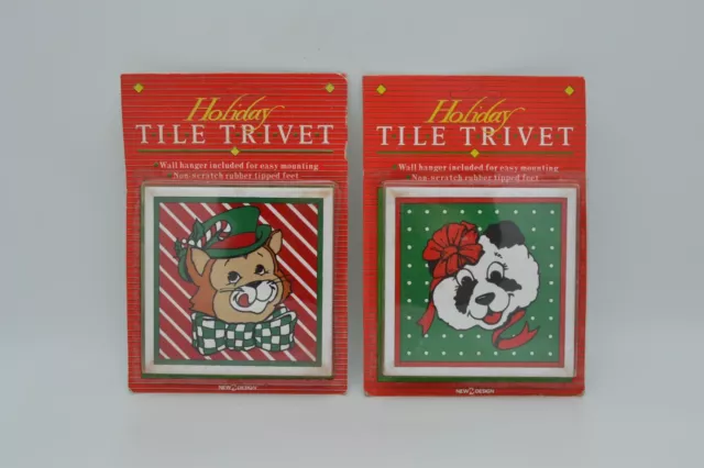 Vintage 1980s Panda Bear & Bow Tie Lion, Christmas Ceramic Tile Trivet Coasters