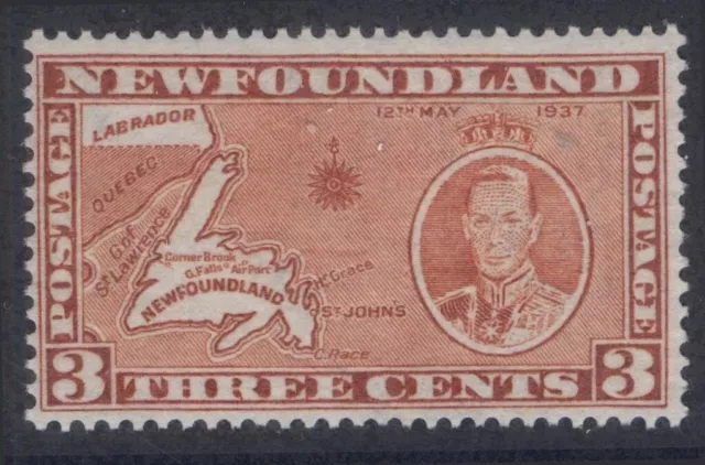 NEWFOUNDLAND 234h SG 258ed 1937 3c KGVI LONG CORONATION CP13.3x13.3 DIEII UNUSED