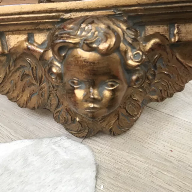Antique Polychrome Putti Wall Shelf Solid Wood Hand Carved Angel with Wings