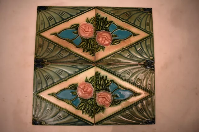 Antique Porcelain Tile Japan Art Nouveau Majolica Floral Rose Ceramic FM Bran"25