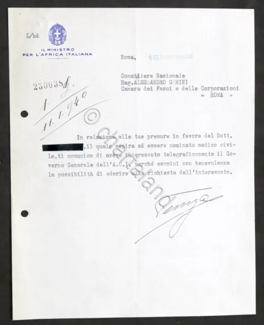 Lettera con autografo del ministro Attilio Teruzzi - 1940