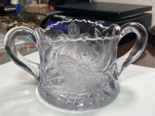 Vintage Clear Cut Etched Glass Crystal Open Sugar Bowl Sawtooth Double Handled