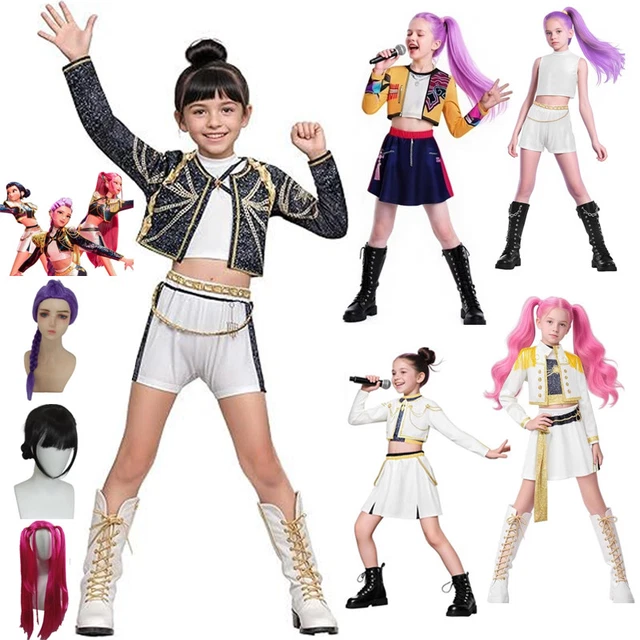 Bambini Ragazze Kpop Rumi Mira Devil Hunters Cosplay Huntrix Costume Travestimento Uniforme Fantasia Gioco Di Ruolo Vesto Di Carnevale Di Halloween