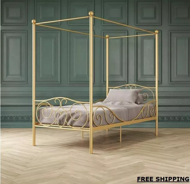 Canopy Bed Frame Gold Metal Twin Size Fairytale Princess Kids Bedroom Furniture