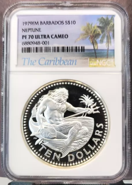 1979 Barbados Silver 10 Dollars Neptune Ngc Pf 70 Ultra Cameo Rare Perfect Pop 1