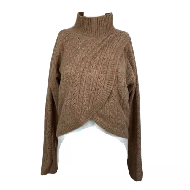 ASTR The Label Sweater Women XS Brown Wool Wrap Front Cable Knit Turtleneck Crop