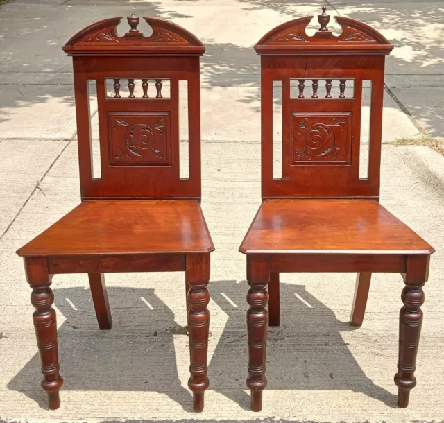 Attractive Pair of Antique Carved Walnut Hall Chairs 19th Century