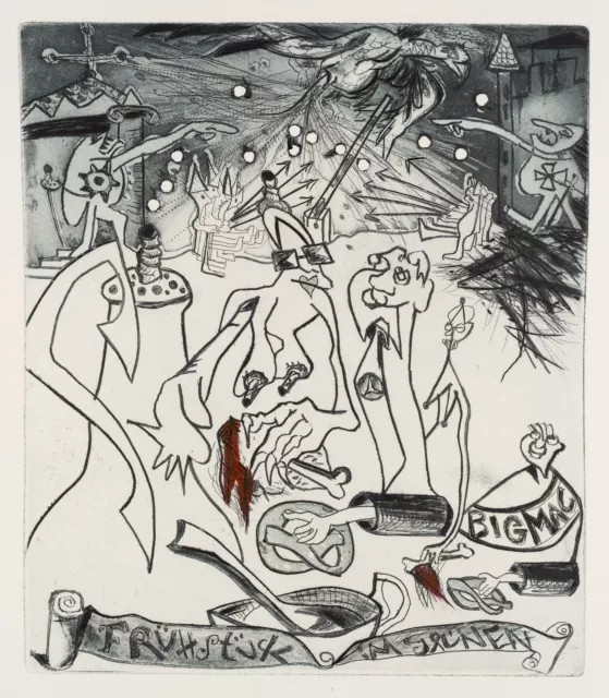 V. SAMNET (1941-2021), Frühstück im Grünen,  1989, Farbrad. Surrealismus Figürli