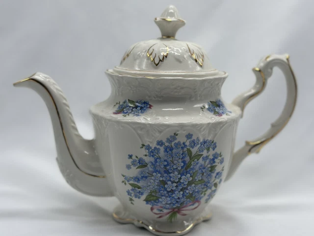 CROWN DORSET Staffordshire England Teapot Pitcher Blue Flowers Porcelain Gold