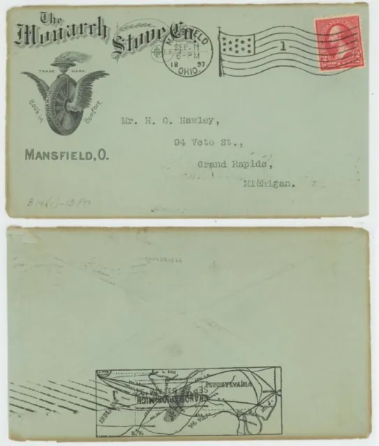 Mr Fancy Cancel 2c ILLUSTRATED AD COVER MONARCH STOVE CO 1897 RR MAP ON BACK