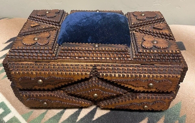 Exquisite Museum Quality Tramp Art Sewing Box with Velvet Cushion  Circa 1890