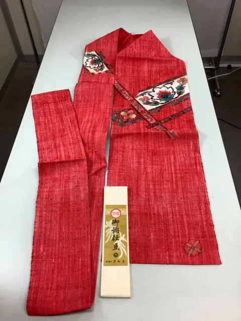 Japanese Vintage Kimono Nagoya Obi hemp fabric embroidery red 136.6x12.2inch