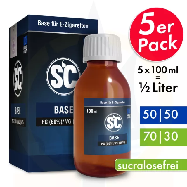 5 x SC Liquid Premium Base 100ml (= 500ml) ⭐ 0mg/nikotinfrei ⭐ VG/PG 50/50+70/30