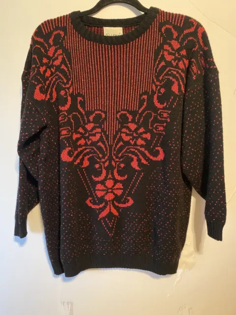 Vintage  Ellen D Kollection Womens Pullover Sweater Black Red Abstract Sparkle