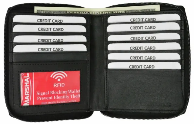Genuine Leather Black Men's RFID Blocking Zipper Bifold Credit Card ID Wallet