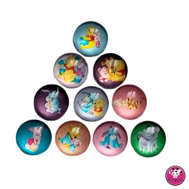 10 x MIXED WINNIE CHARACTERS PRINTED GLASS FLAT BACK  ROUND DOME CABOCHONS 12mm