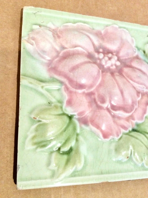 Art Nouveau Japanese Rose Tile, High Relief, 1920s, Japan, 6x6, Ceramic 2