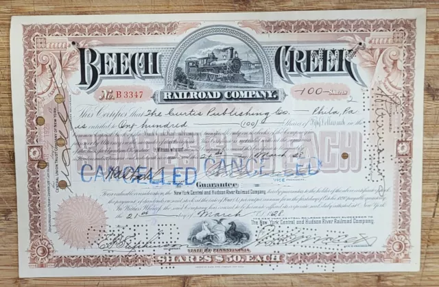Stock Certificate Beech Creek Railroad Company Brown