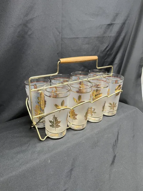 Vintage Libbey Starlyte Frosted Gold Leaf Glass Set With Caddy Pre Owned USA 2