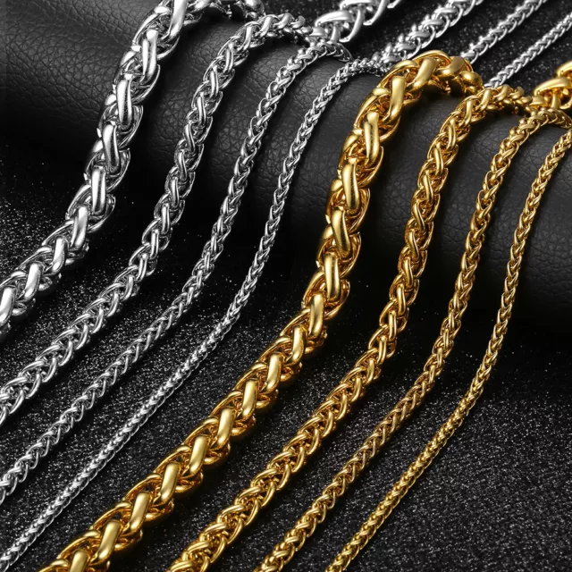 3/4/5/6/8mm Unisex Wheat Spiga Chain Stainless Steel Necklace Gold/Silver Men