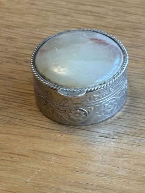 Round Pill/ Trinket Box Silver Tone Jade Stone Lid