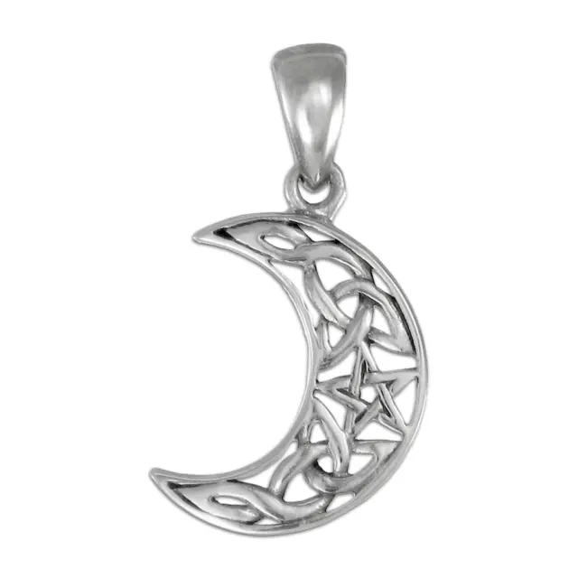 Sterling Silver Crescent Moon Pentacle Pendant - Goddess Wicca Pentagram Jewelry