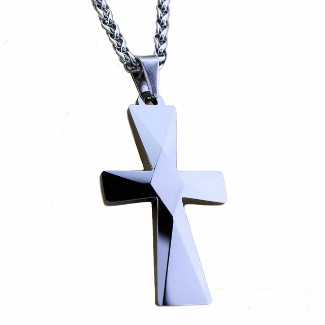 Personalized Tungsten Carbide Cross Pendant Necklace 18"-32" SS Cuban Chain Personalized Tungsten Carbide Cross Pendant Necklace 18"-32" SS Cuban Chain