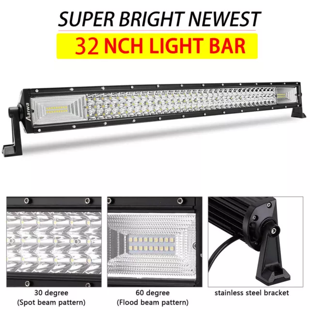 32INCH Tri Row LED LIGHT BAR Spot Flood Combo Offroad Bumper Truck SUV 30''