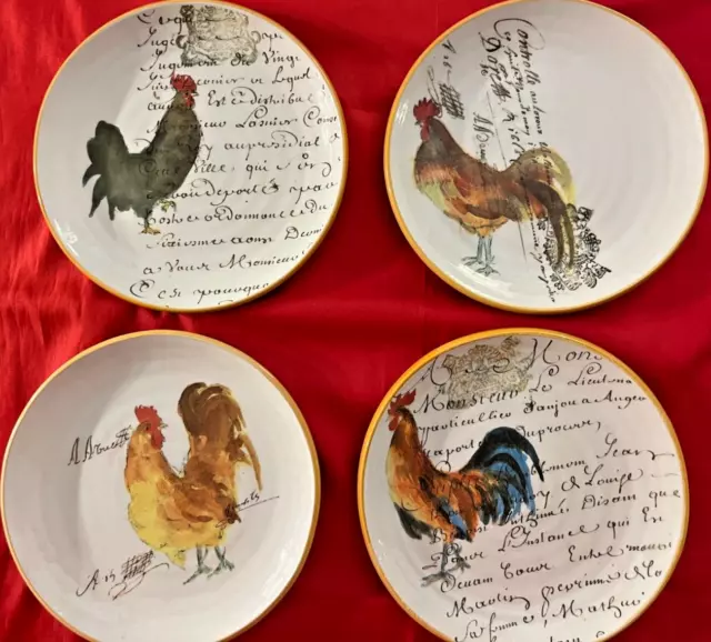 4 WILLIAMS SONOMA Rooster Script 9 inch Plates NEW from Italy