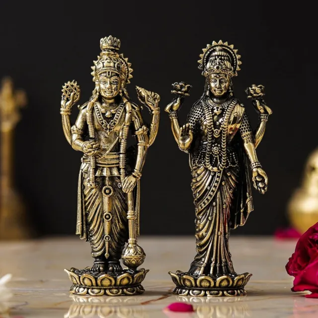 Latón Par De Maa Lakshmi Vishnu Ji de Pie Estatua Obra Maestra para Hogar Templo