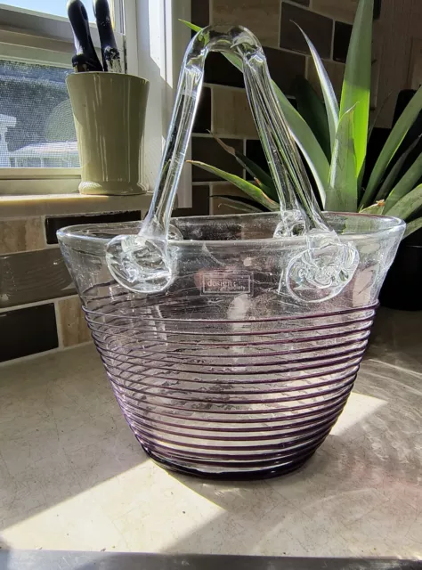 Vintage Murano Style Art Glass Hand Blown Clear And Purple Purse ,Vase